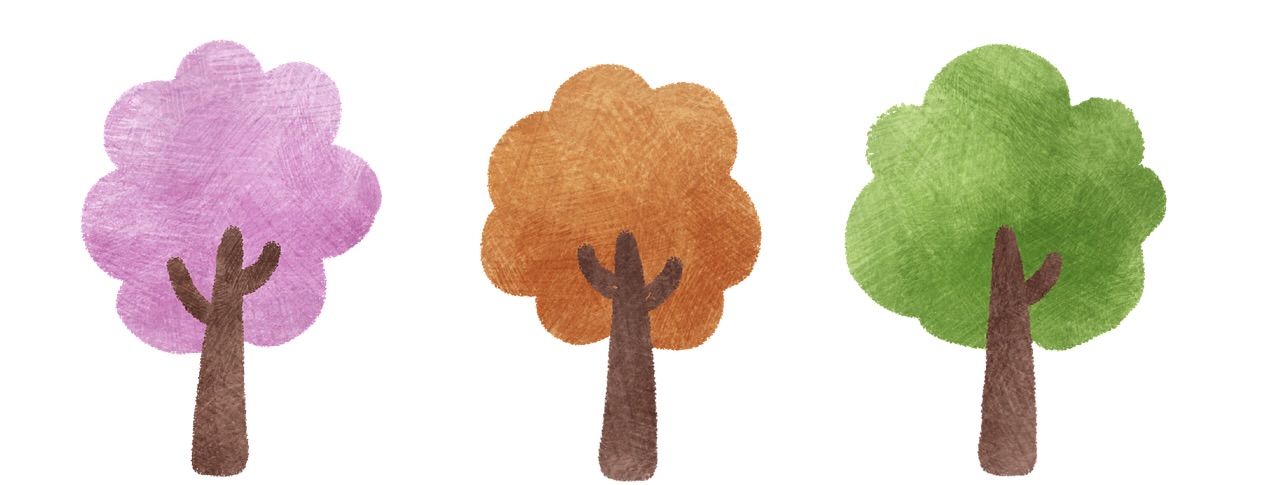 three trees one pink, one orange, one green
